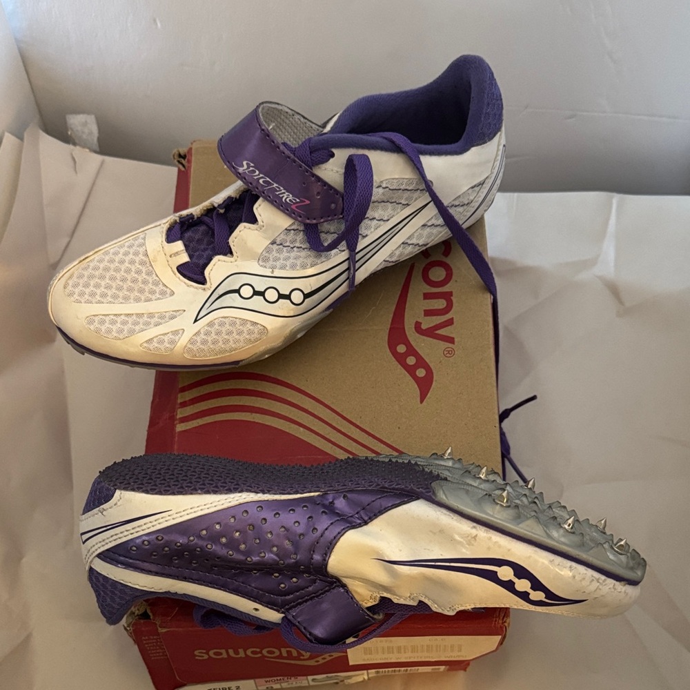 Saucony White and Purple Running Spikes